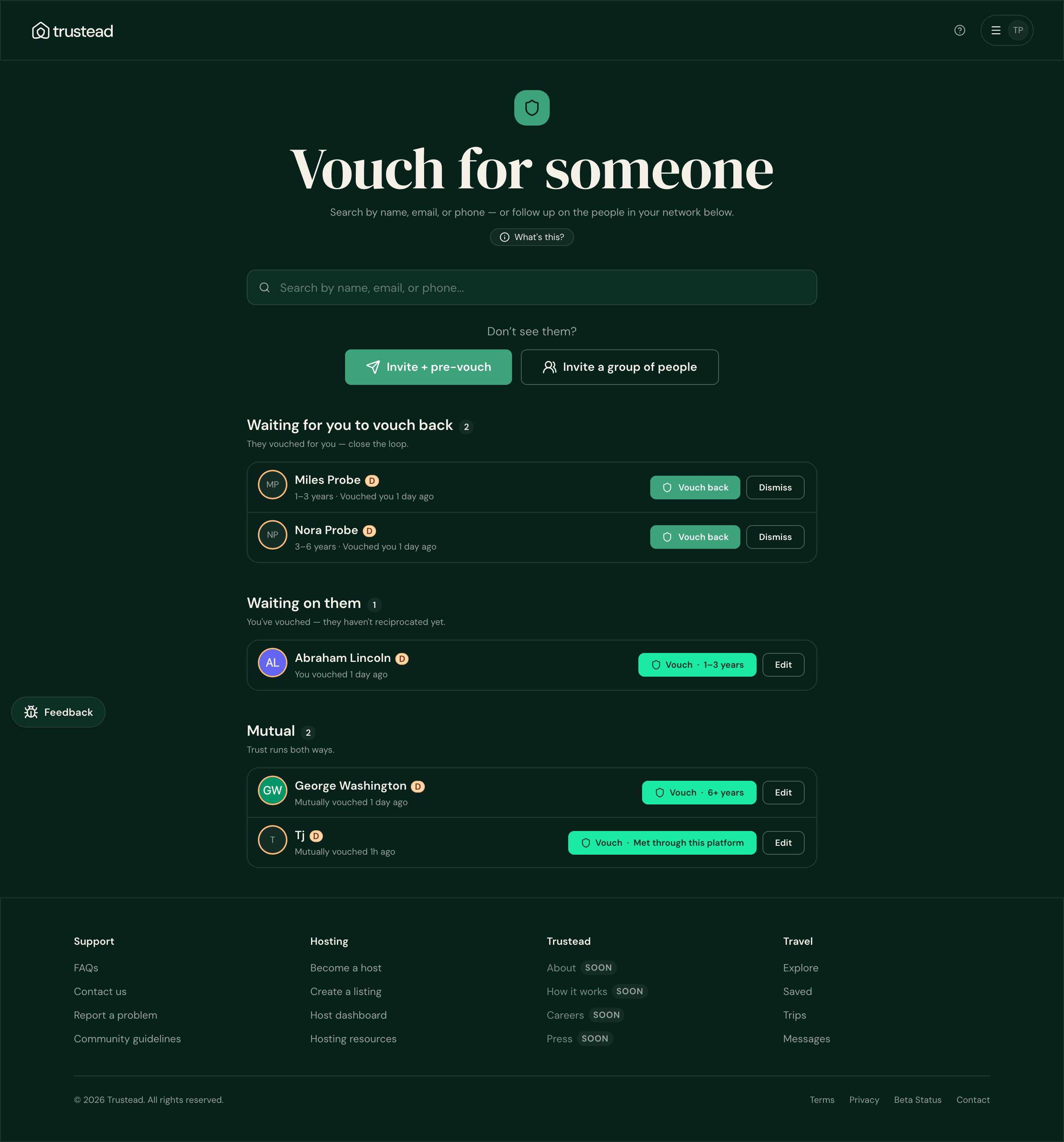 Vouch page desktop showing the Waiting for you to vouch back lane